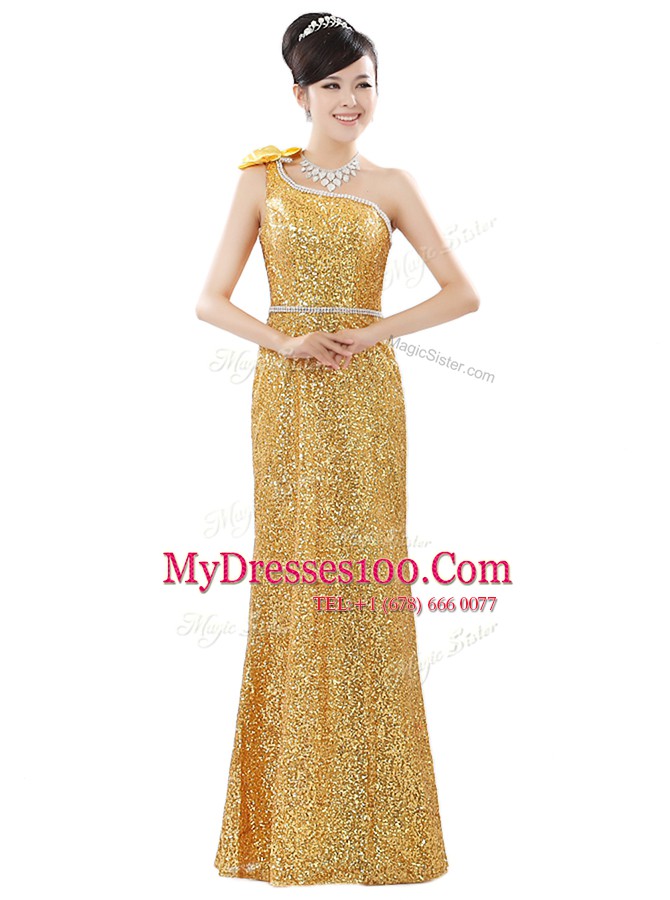 Charming One Shoulder Gold Sleeveless Floor Length Beading and Sequins Zipper
