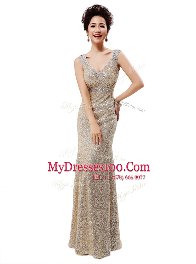 Ideal Sequins V-neck Sleeveless Zipper Prom Gown Champagne Sequined