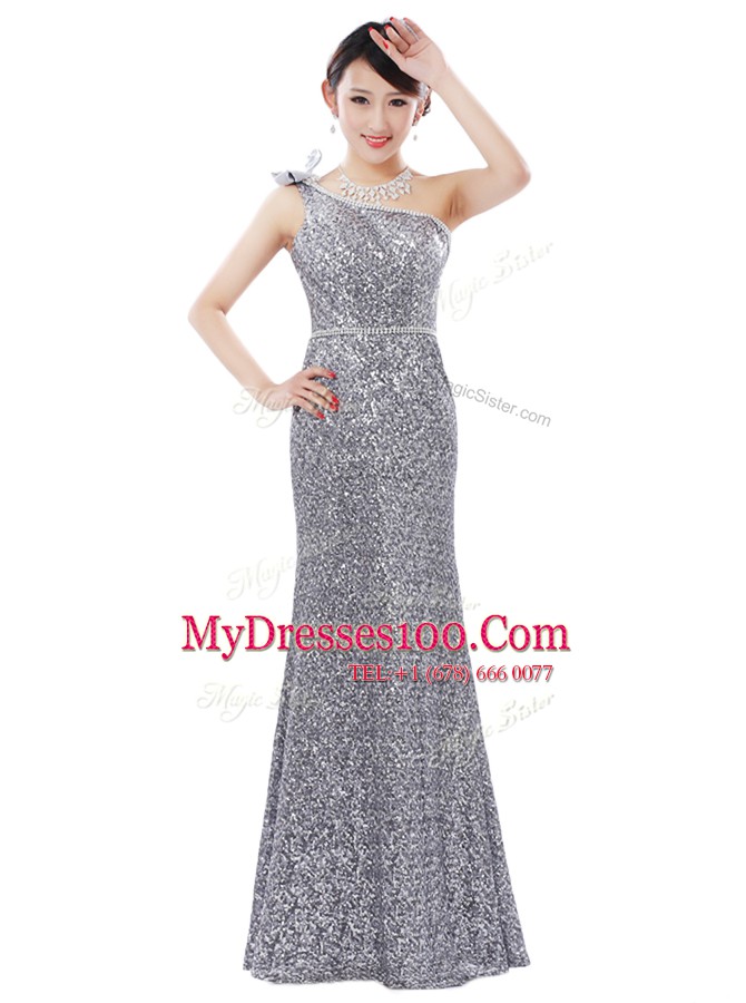 Silver Column/Sheath One Shoulder Sleeveless Sequined Floor Length Zipper Sequins Prom Dresses