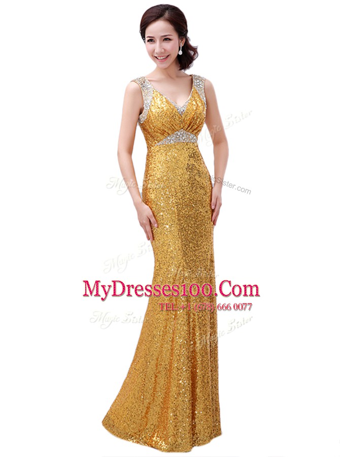 Glittering Sequins Floor Length Column/Sheath Sleeveless Gold Zipper