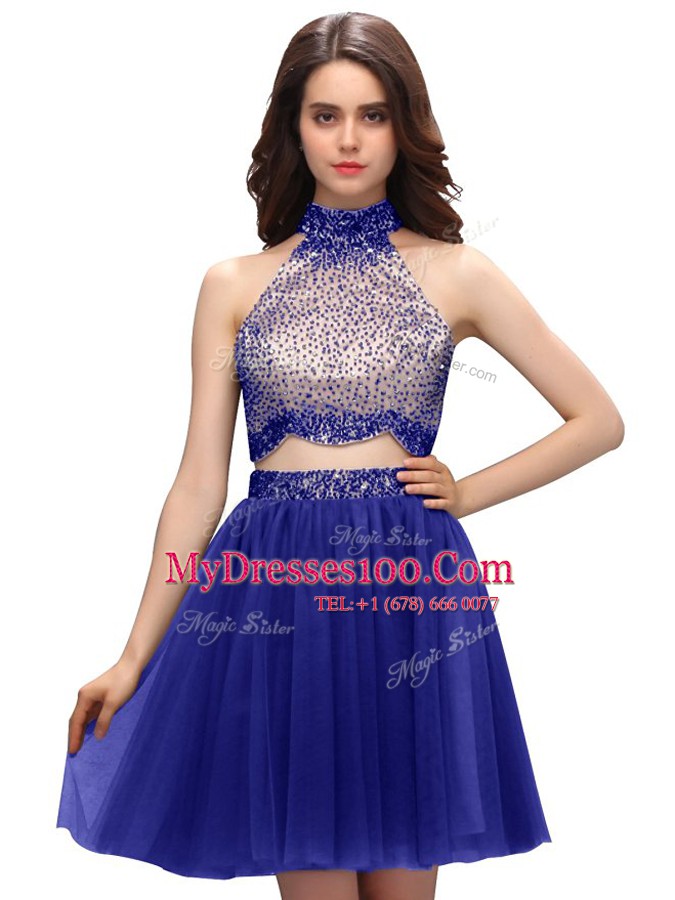 Mini Length Blue Prom Gown High-neck Sleeveless Zipper