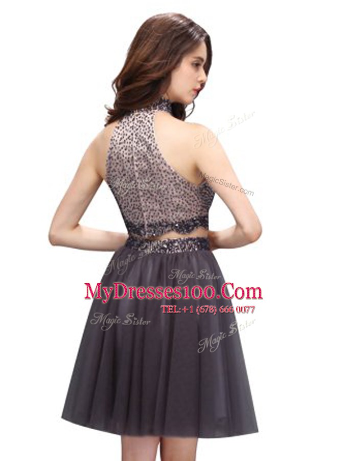 Mini Length Blue Prom Gown High-neck Sleeveless Zipper