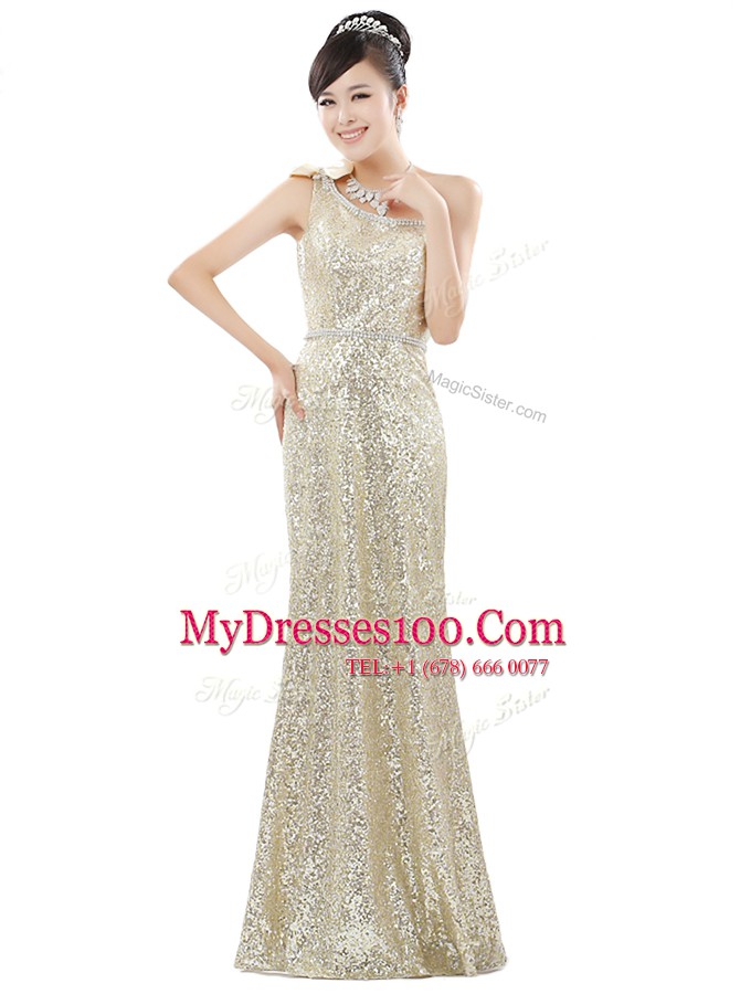 Sequins Floor Length Champagne Prom Party Dress One Shoulder Sleeveless Zipper