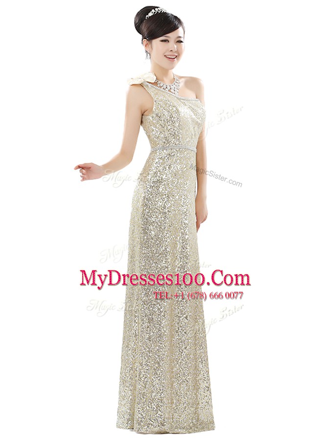 Sequins Floor Length Champagne Prom Party Dress One Shoulder Sleeveless Zipper