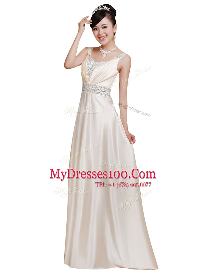 Hot Selling White Zipper Prom Dress Beading Sleeveless Floor Length
