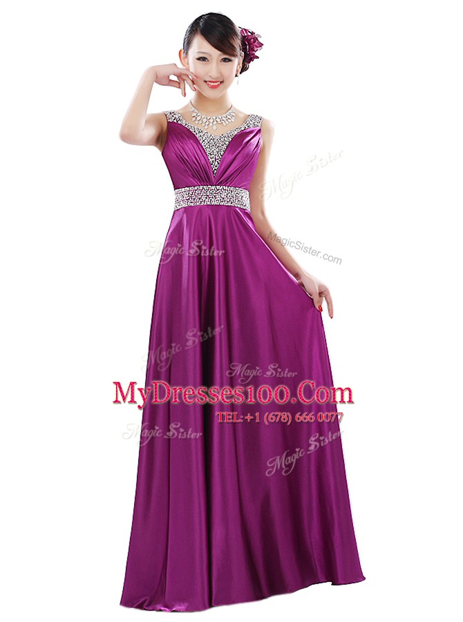 Elegant Fuchsia Zipper Prom Party Dress Beading Sleeveless Floor Length