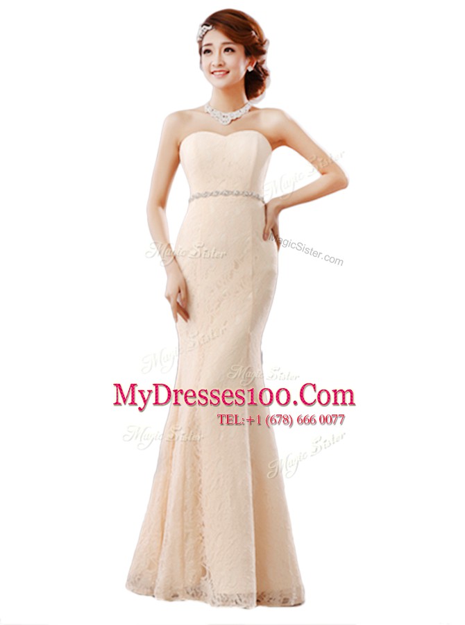 Dramatic Beading and Lace Homecoming Dress Peach Zipper Sleeveless Floor Length