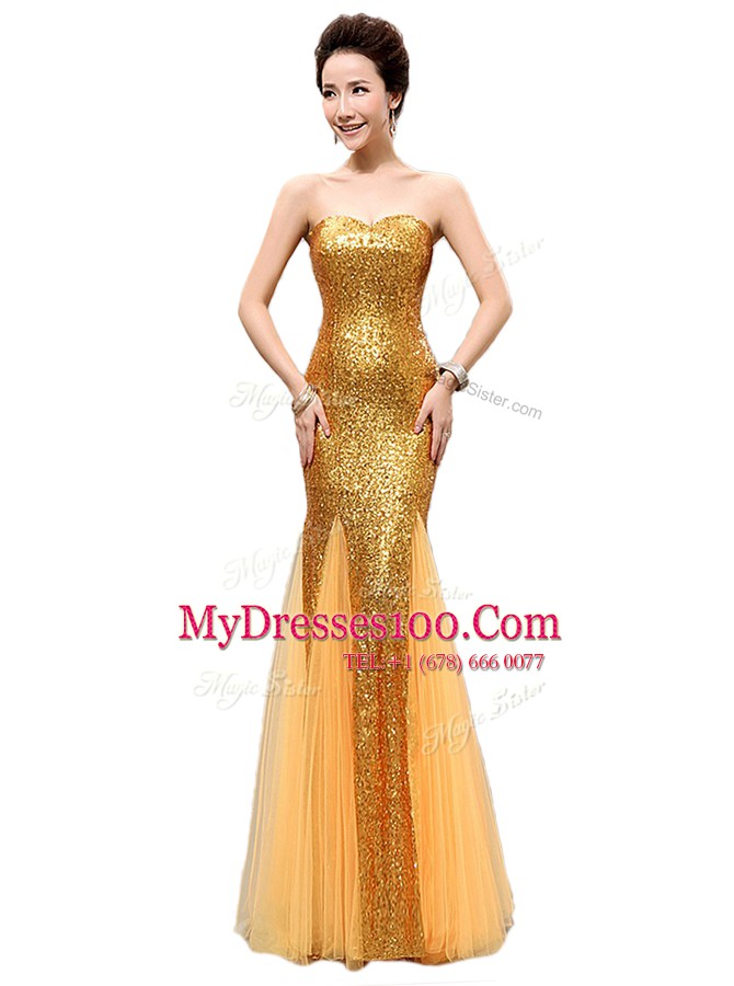 Dazzling Mermaid Gold Sleeveless Sequins Floor Length Prom Dresses