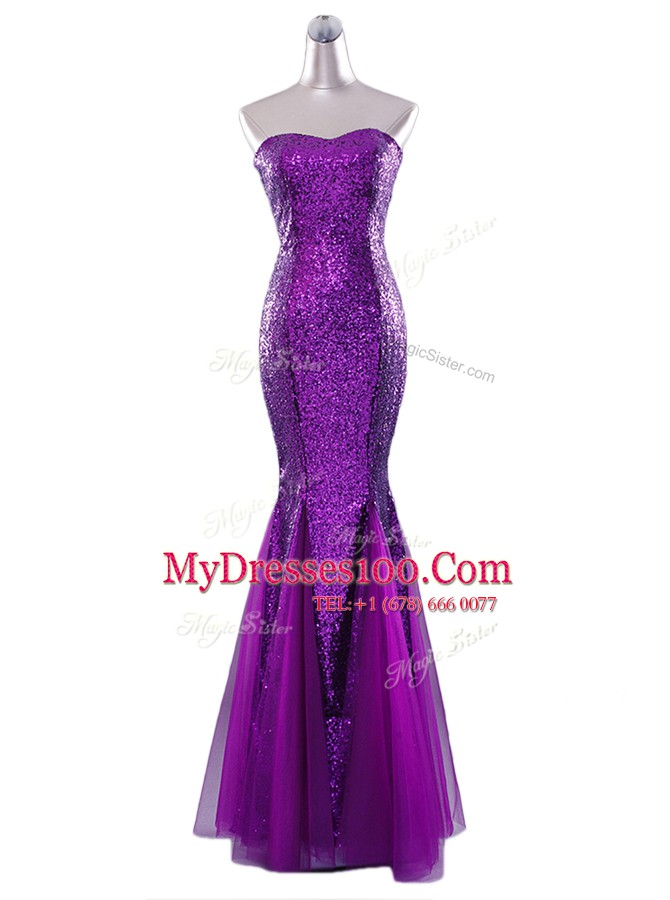 Flare Eggplant Purple Mermaid Sequins Homecoming Dress Zipper Sequined Sleeveless Floor Length