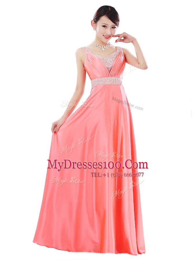 Fine Watermelon Red Zipper V-neck Beading Homecoming Dress Elastic Woven Satin Sleeveless