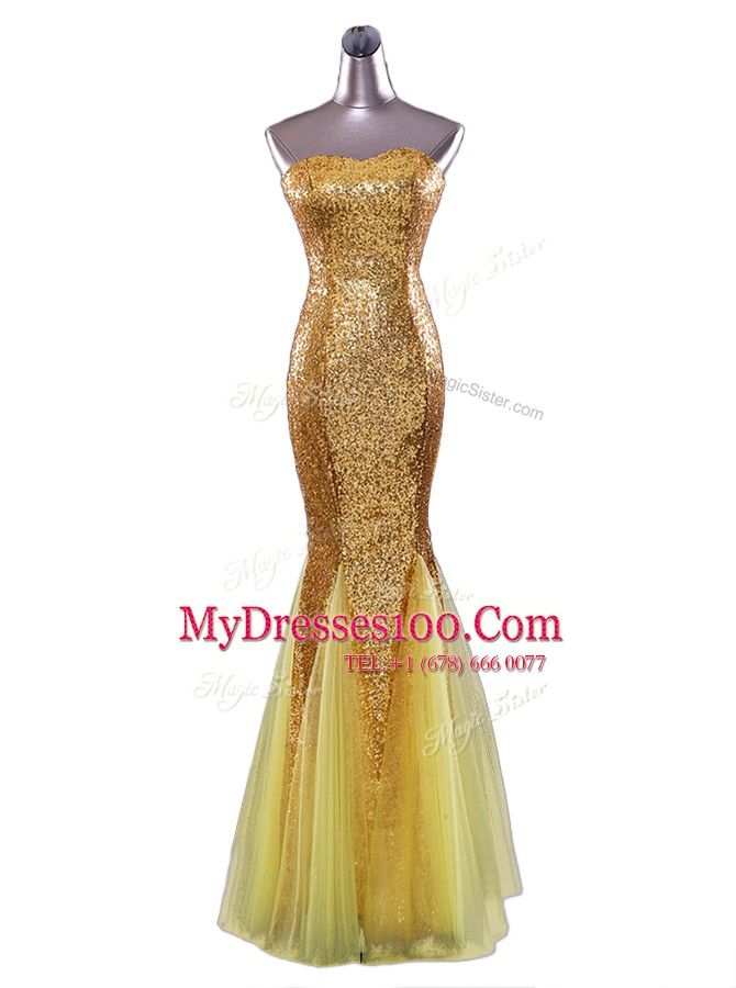Dynamic Mermaid Sequins Dress for Prom Gold Zipper Sleeveless Floor Length