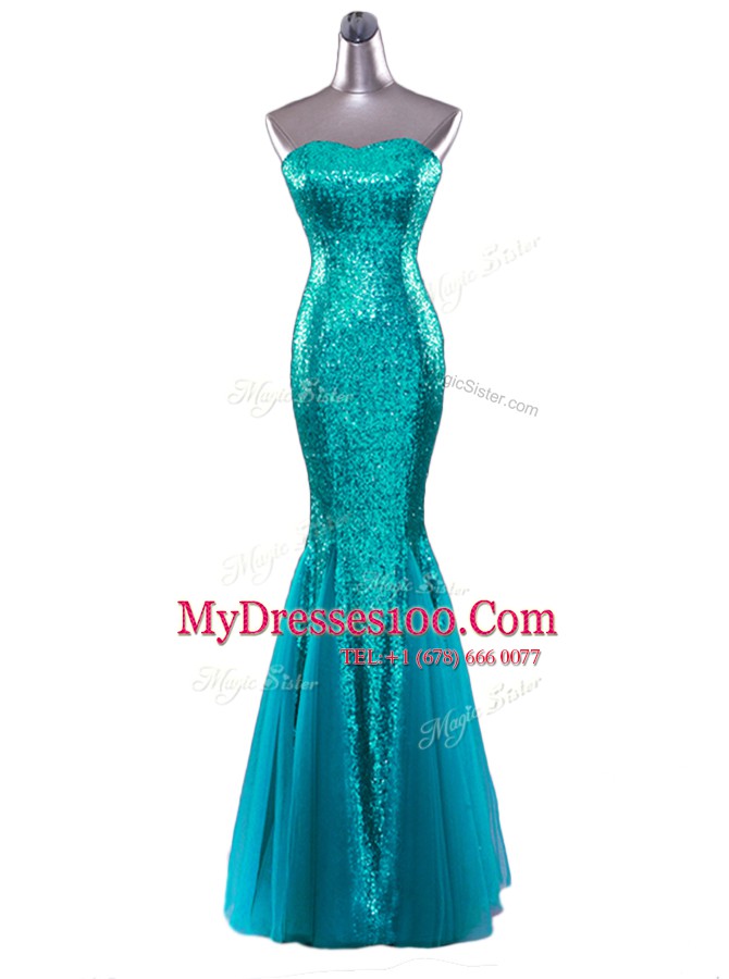 Low Price Mermaid Turquoise Sleeveless Floor Length Sequins Zipper Prom Gown