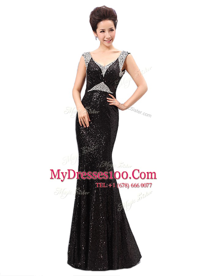 Black V-neck Neckline Sequins Evening Dress Sleeveless Zipper