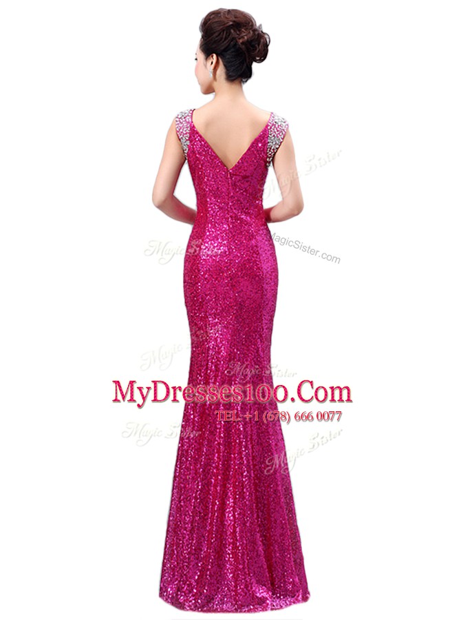 Black V-neck Neckline Sequins Evening Dress Sleeveless Zipper