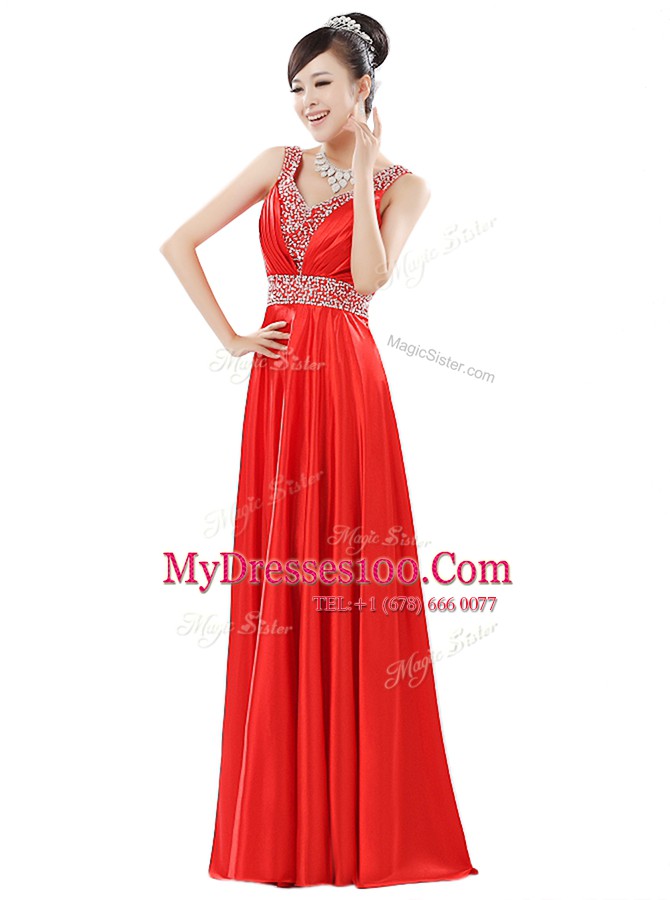 Simple Beading Dress for Prom Red Zipper Sleeveless Floor Length