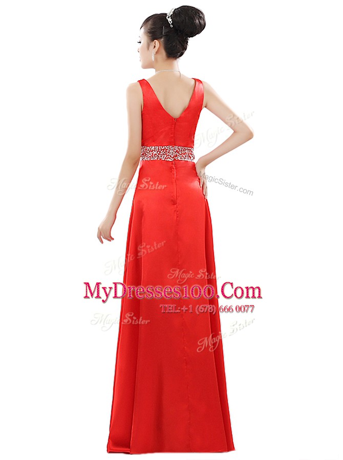Simple Beading Dress for Prom Red Zipper Sleeveless Floor Length