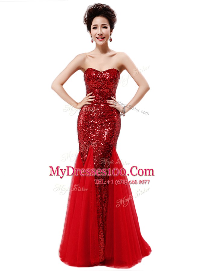 Wine Red Mermaid Strapless Sleeveless Sequined Zipper Sequins Homecoming Dress