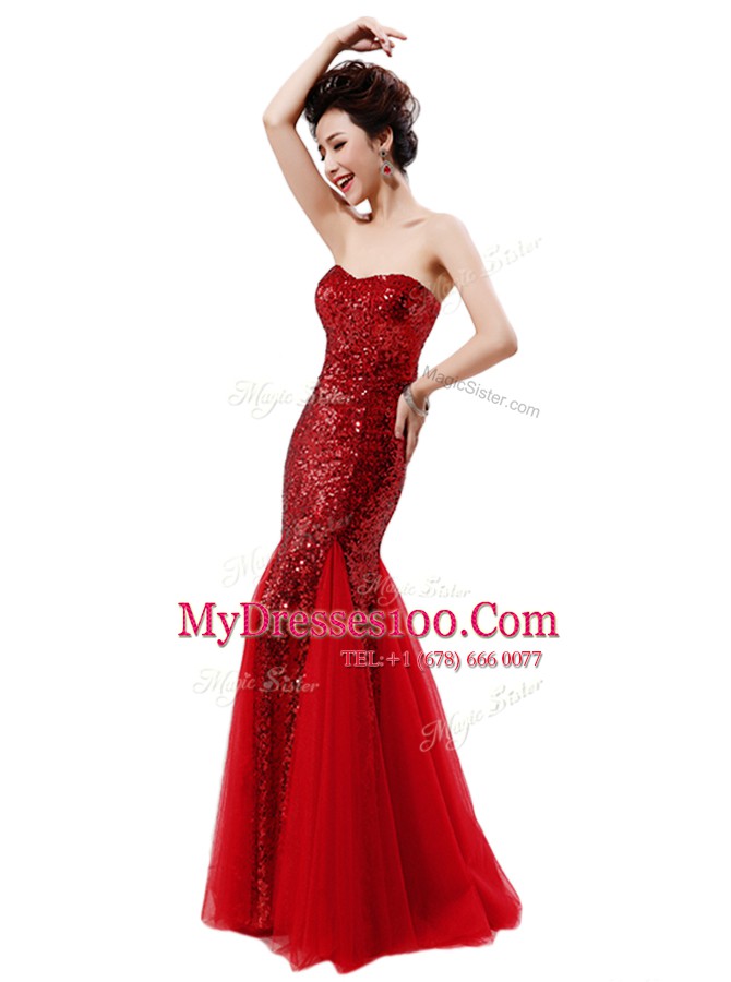 Wine Red Mermaid Strapless Sleeveless Sequined Zipper Sequins Homecoming Dress