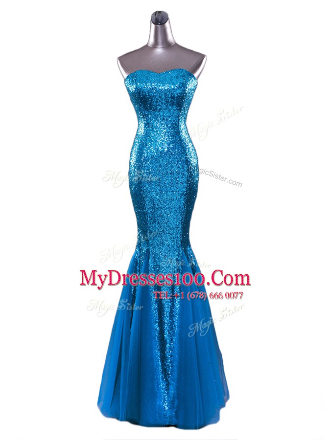 Mermaid Blue Zipper Strapless Sequins Prom Party Dress Sequined Sleeveless