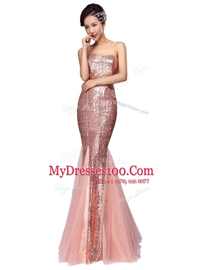 Mermaid Pink Sleeveless Floor Length Sequins Zipper