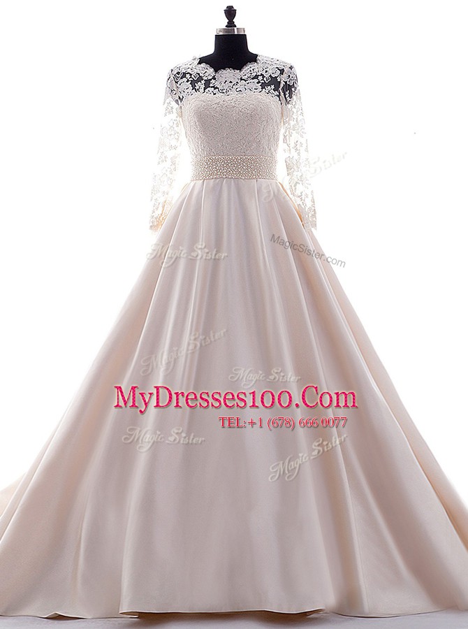 Modest Brush Train Ball Gowns Wedding Gown Pink Scalloped Satin 3 4 Length Sleeve With Train Clasp Handle