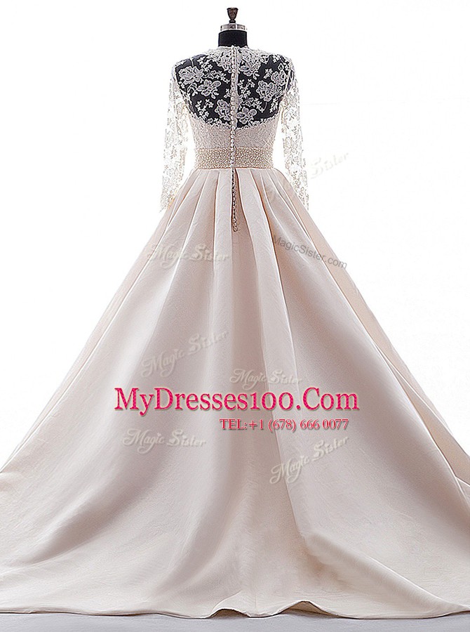 Modest Brush Train Ball Gowns Wedding Gown Pink Scalloped Satin 3 4 Length Sleeve With Train Clasp Handle