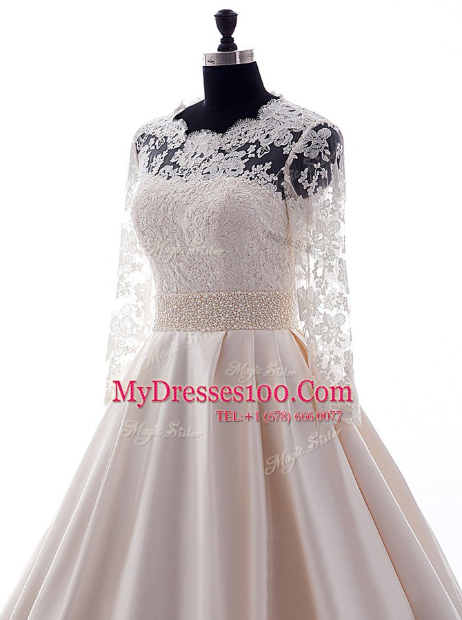 Modest Brush Train Ball Gowns Wedding Gown Pink Scalloped Satin 3 4 Length Sleeve With Train Clasp Handle