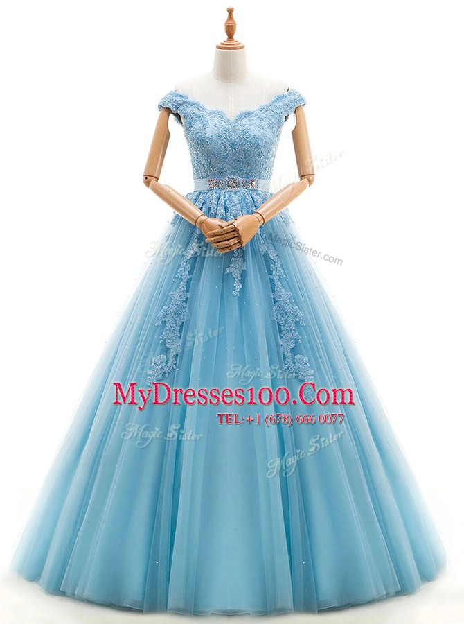 High Quality Floor Length A-line Cap Sleeves Baby Blue Wedding Gowns Lace Up