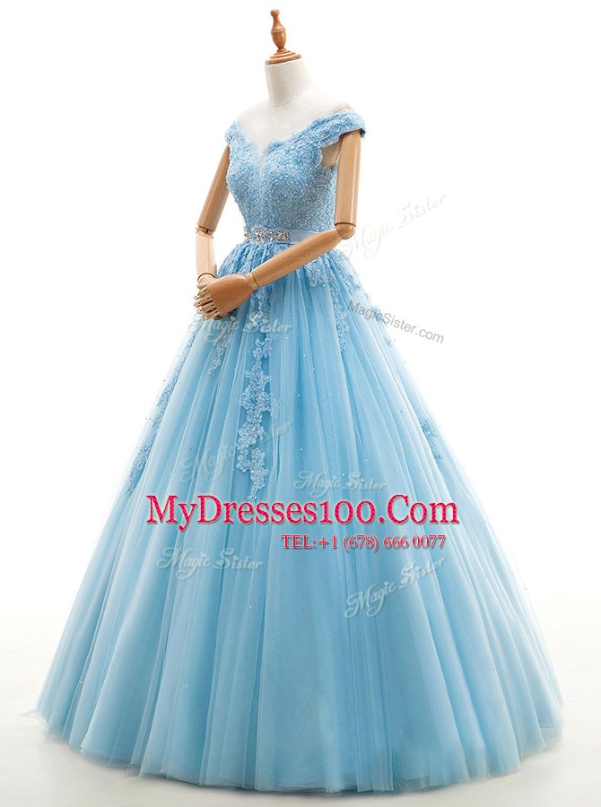 High Quality Floor Length A-line Cap Sleeves Baby Blue Wedding Gowns Lace Up