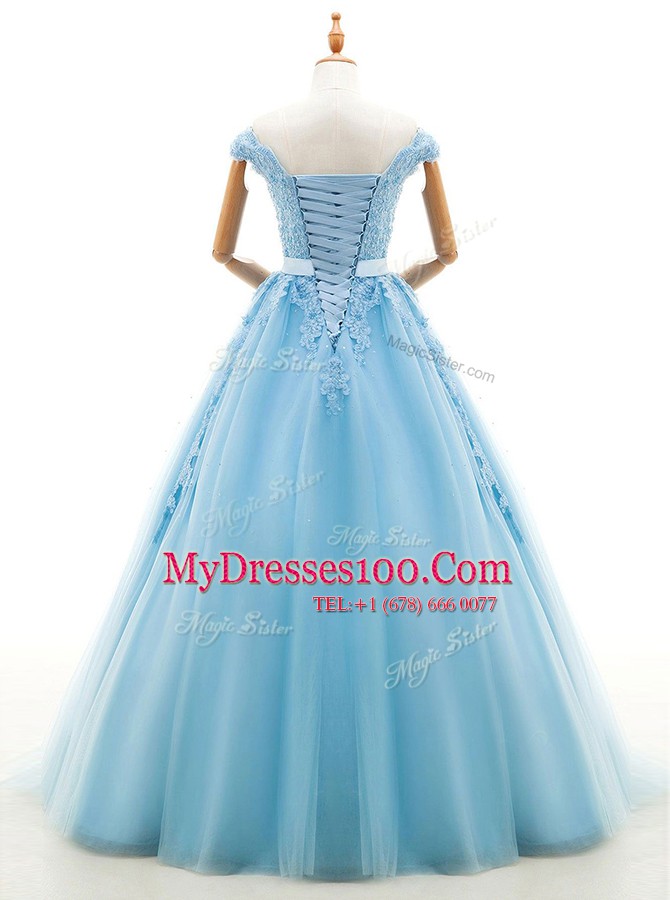 High Quality Floor Length A-line Cap Sleeves Baby Blue Wedding Gowns Lace Up