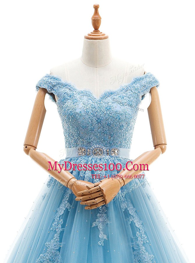 High Quality Floor Length A-line Cap Sleeves Baby Blue Wedding Gowns Lace Up