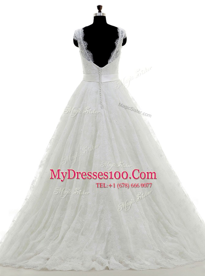 Scoop Sleeveless Tulle Wedding Dress Beading and Lace and Appliques Brush Train Clasp Handle