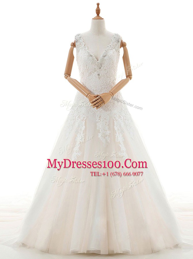 Custom Fit Tulle V-neck Sleeveless Court Train Zipper Appliques Wedding Dress in White