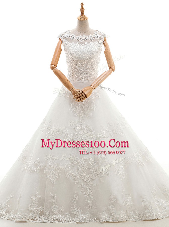 Stunning Scoop With Train A-line Sleeveless White Wedding Dress Brush Train Clasp Handle