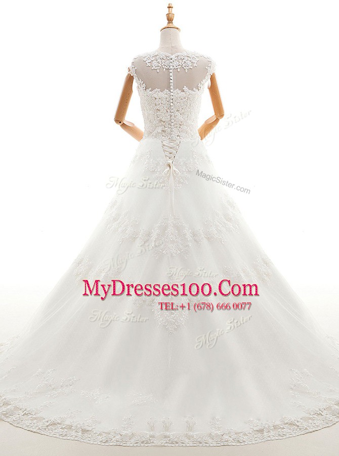Stunning Scoop With Train A-line Sleeveless White Wedding Dress Brush Train Clasp Handle