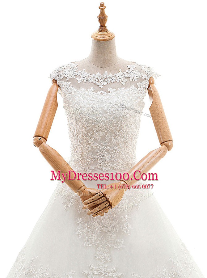 Stunning Scoop With Train A-line Sleeveless White Wedding Dress Brush Train Clasp Handle