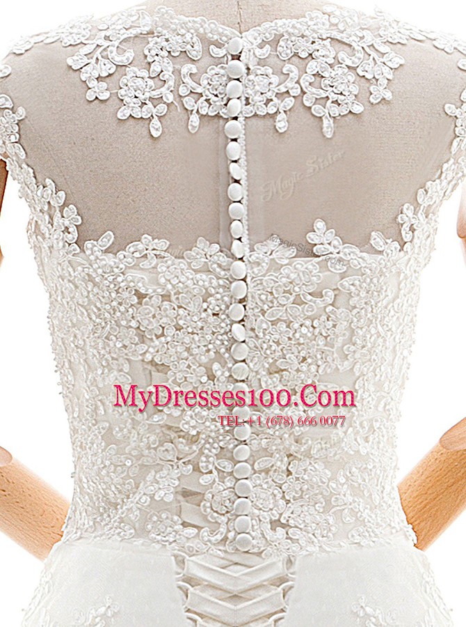 Stunning Scoop With Train A-line Sleeveless White Wedding Dress Brush Train Clasp Handle