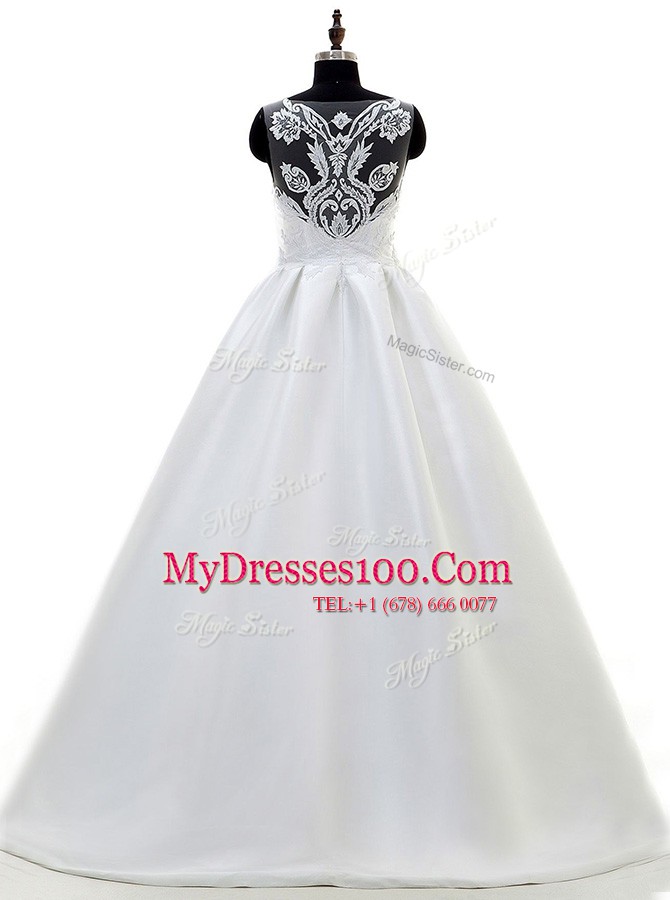White Sleeveless Satin Sweep Train Zipper Wedding Dresses for Wedding Party