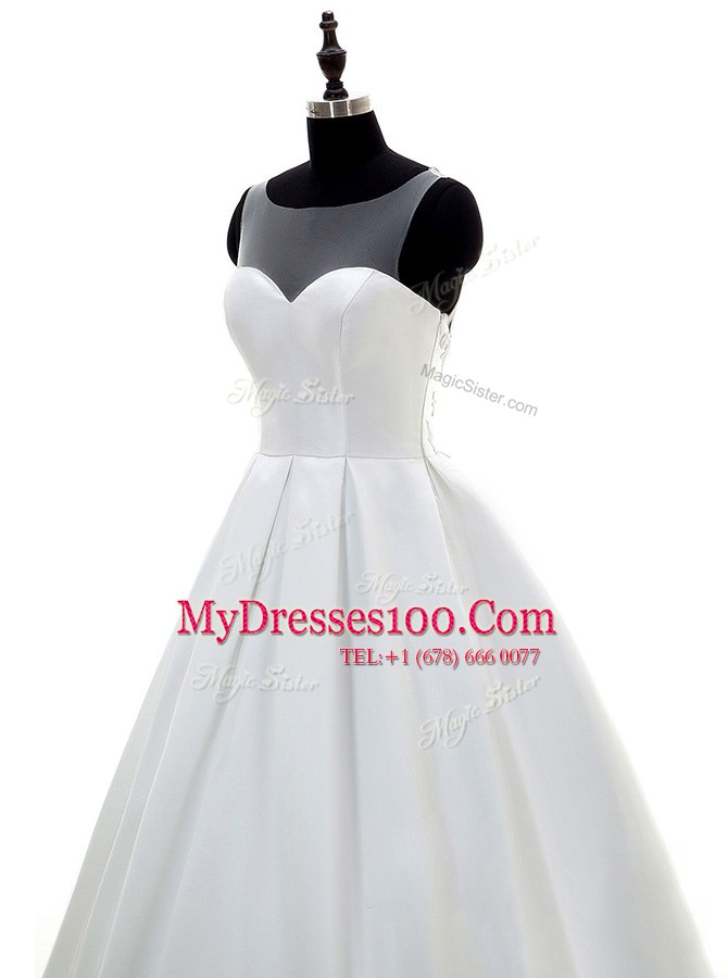 White Sleeveless Satin Sweep Train Zipper Wedding Dresses for Wedding Party