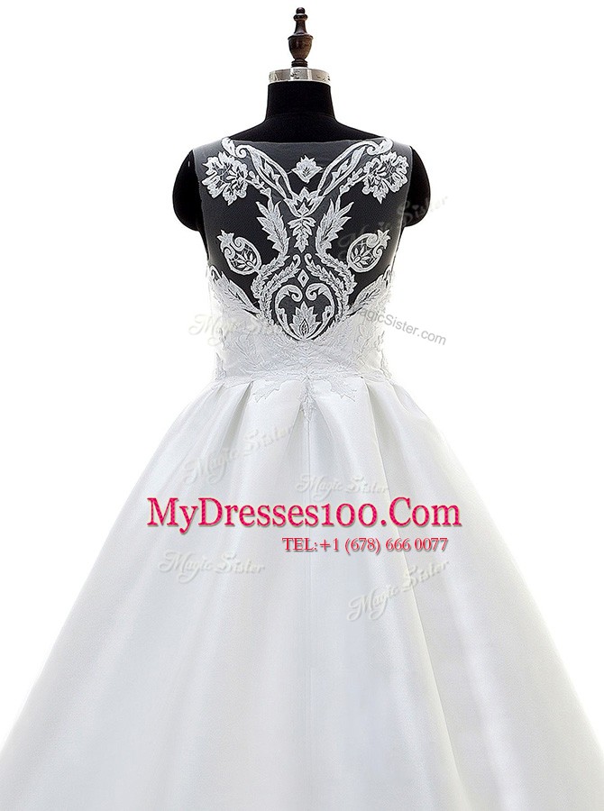 White Sleeveless Satin Sweep Train Zipper Wedding Dresses for Wedding Party