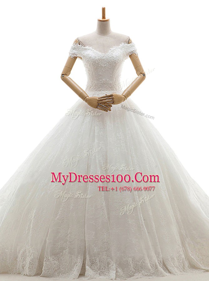 Flare White Tulle Lace Up Off The Shoulder Sleeveless With Train Wedding Dresses Court Train Lace and Appliques