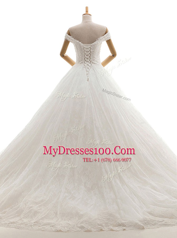 Flare White Tulle Lace Up Off The Shoulder Sleeveless With Train Wedding Dresses Court Train Lace and Appliques