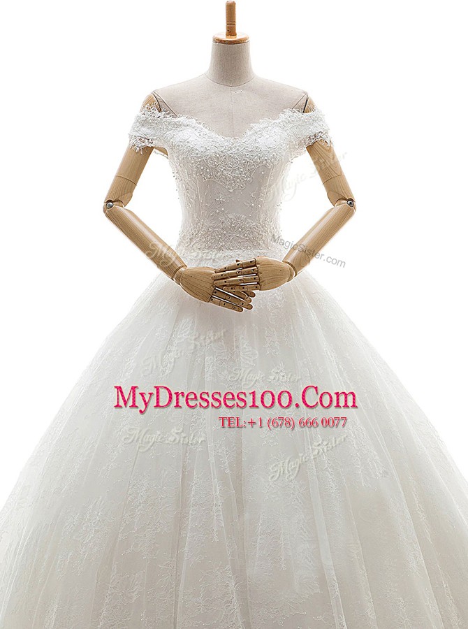 Flare White Tulle Lace Up Off The Shoulder Sleeveless With Train Wedding Dresses Court Train Lace and Appliques