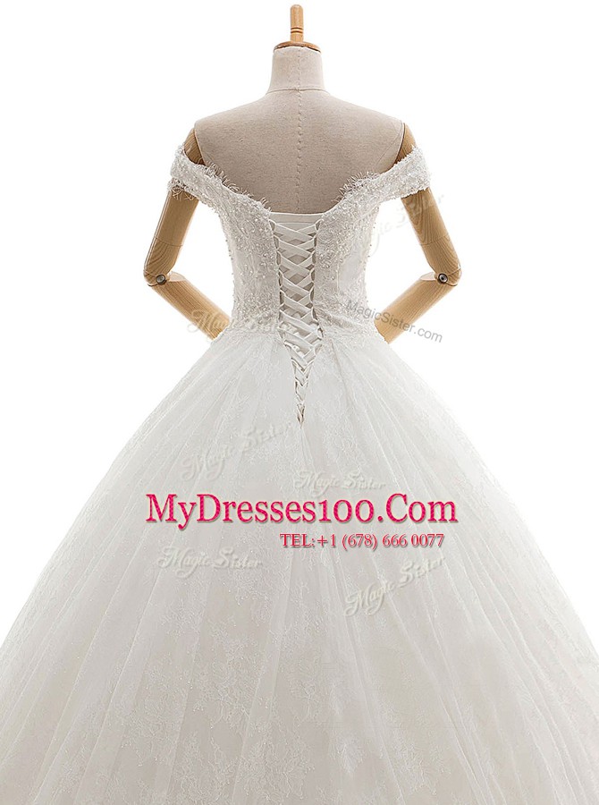 Flare White Tulle Lace Up Off The Shoulder Sleeveless With Train Wedding Dresses Court Train Lace and Appliques