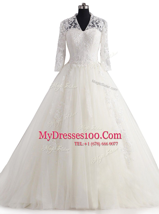 Gorgeous White Tulle Zipper Wedding Dresses 3 4 Length Sleeve With Brush Train Appliques