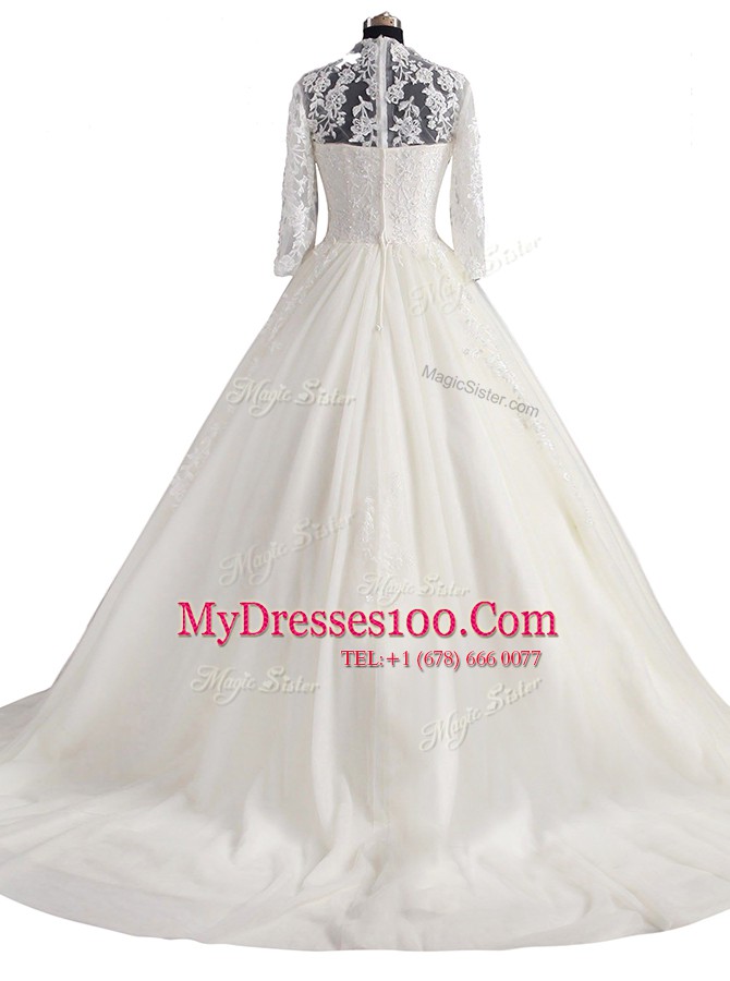 Gorgeous White Tulle Zipper Wedding Dresses 3 4 Length Sleeve With Brush Train Appliques