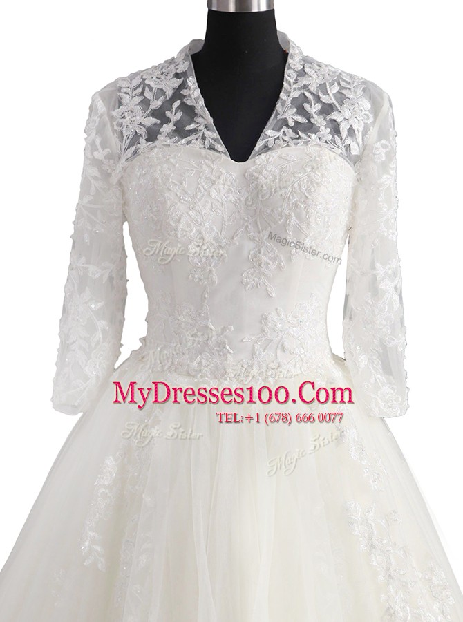 Gorgeous White Tulle Zipper Wedding Dresses 3 4 Length Sleeve With Brush Train Appliques