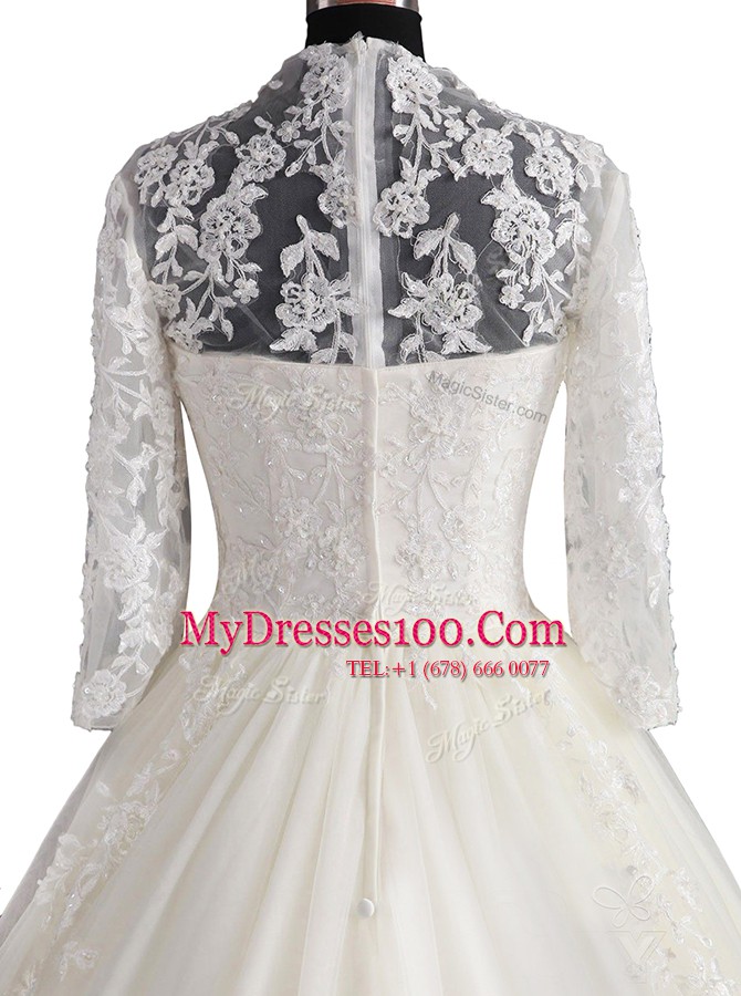 Gorgeous White Tulle Zipper Wedding Dresses 3 4 Length Sleeve With Brush Train Appliques
