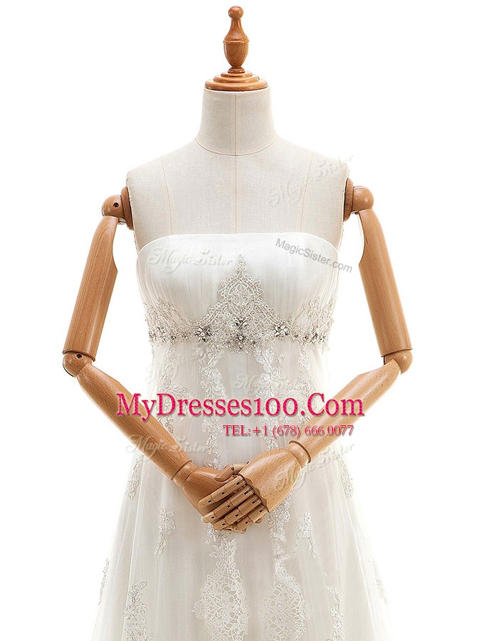 High Quality White Sleeveless Sweep Train Appliques With Train Wedding Dresses