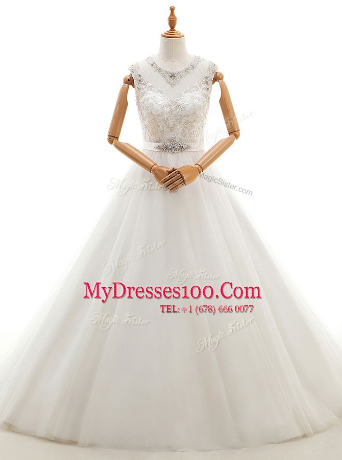 Scoop Tulle Sleeveless With Train Wedding Gowns Brush Train and Beading and Lace